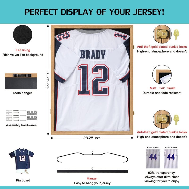 KCRasan Jersey Frame Display Case - Jersey Display Case - Large Lockable Frames Shadow Box with UV Protection for Baseball Basketball Football Soccer Hockey Sport Shirt Military Uniform Oak Finish - Image 2